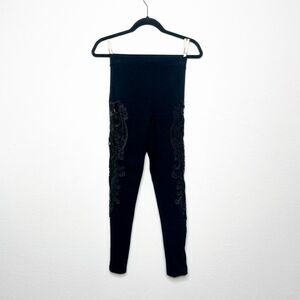 Bebe Women's Black High-Waisted Leggings with Sheer Lace Appliqué Detail Bebe XS
